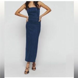 Reformation Eugenia strapless denim midi dress